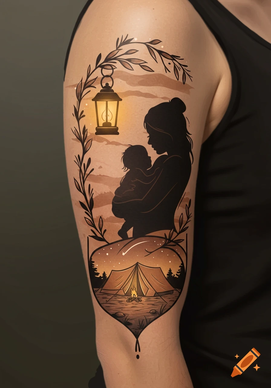 Stylized arm tattoo featuring a silhouette of a mother and baby, a glowing lantern, and a camping scene.