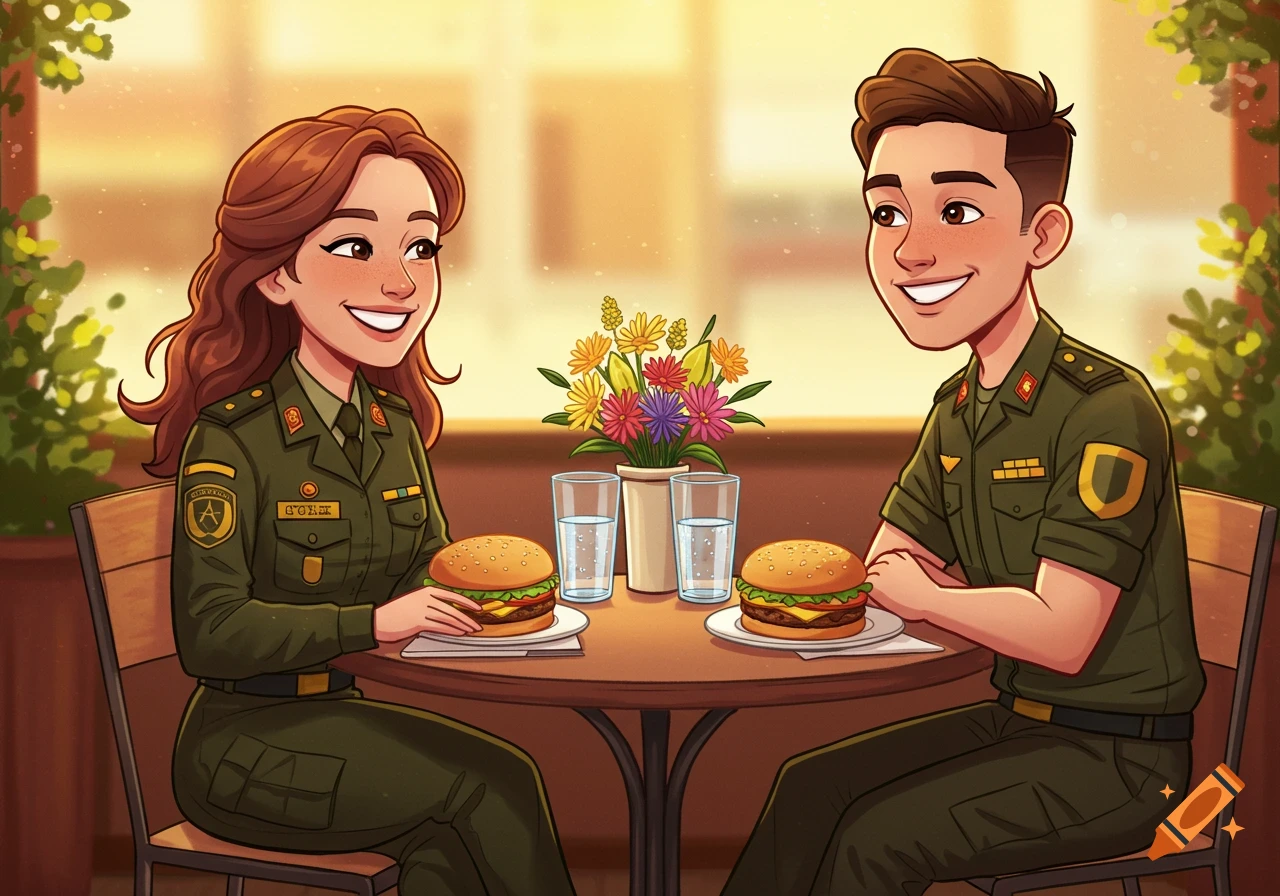 A cartoon illustration of a smiling man and woman in military uniforms eating burgers at a cozy table with flowers.