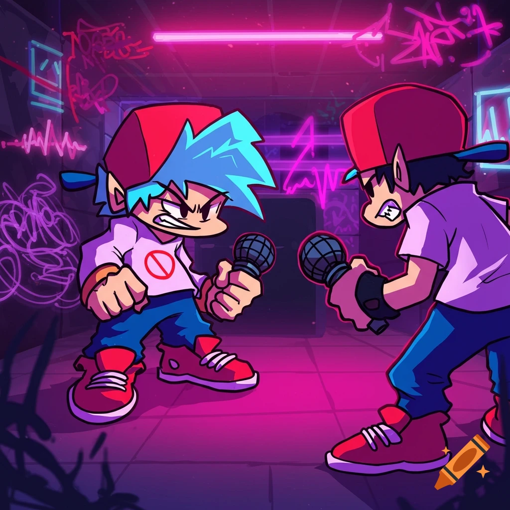 Two angry cartoon characters, styled like Boyfriend from Friday Night Funkin', face each other holding microphones under pink neon lights in an urban setting with graffiti.