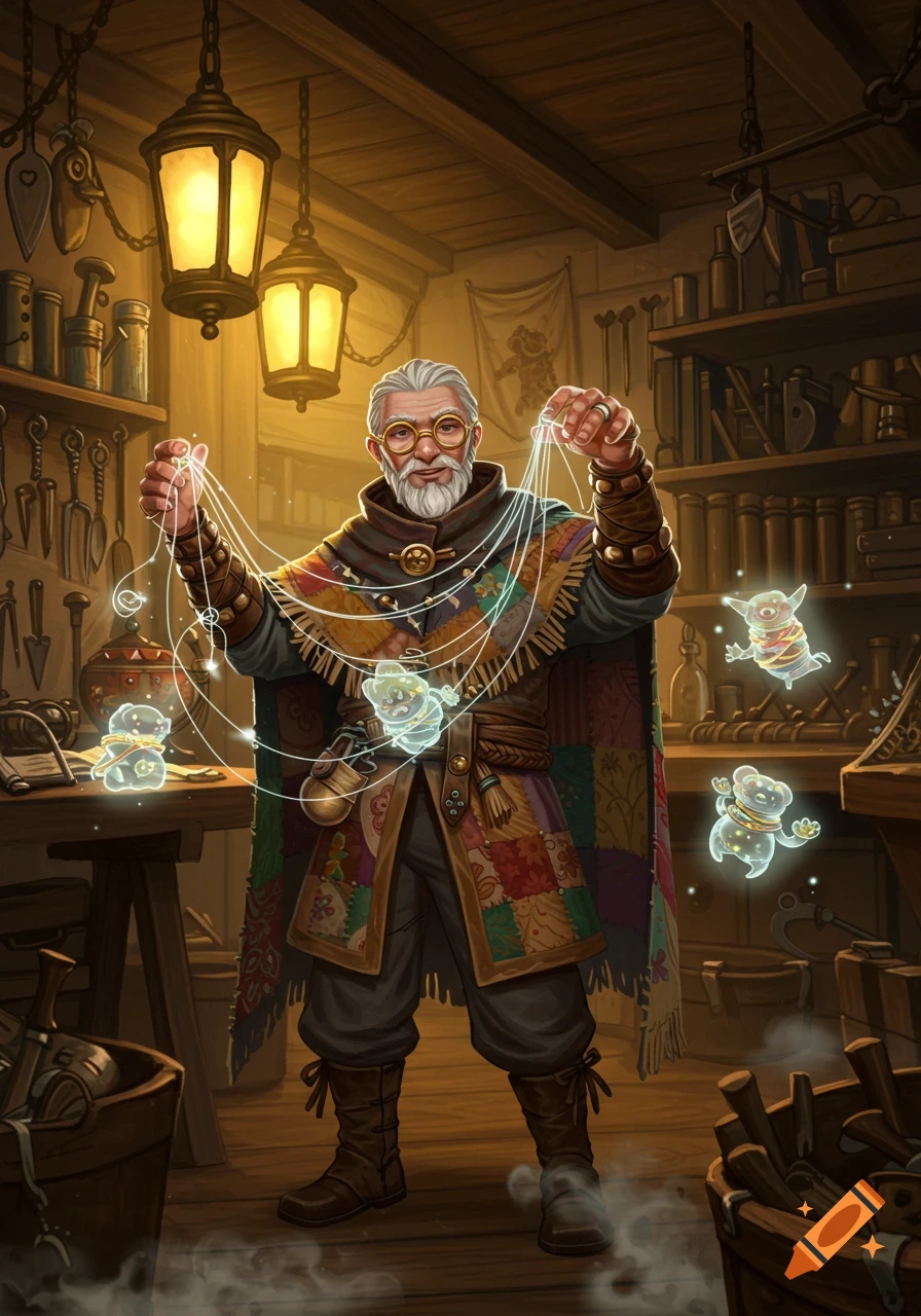 An old wizard in a patchwork robe manipulates glowing strings to create mystical, translucent bear figures in a cluttered, lantern-lit workshop.