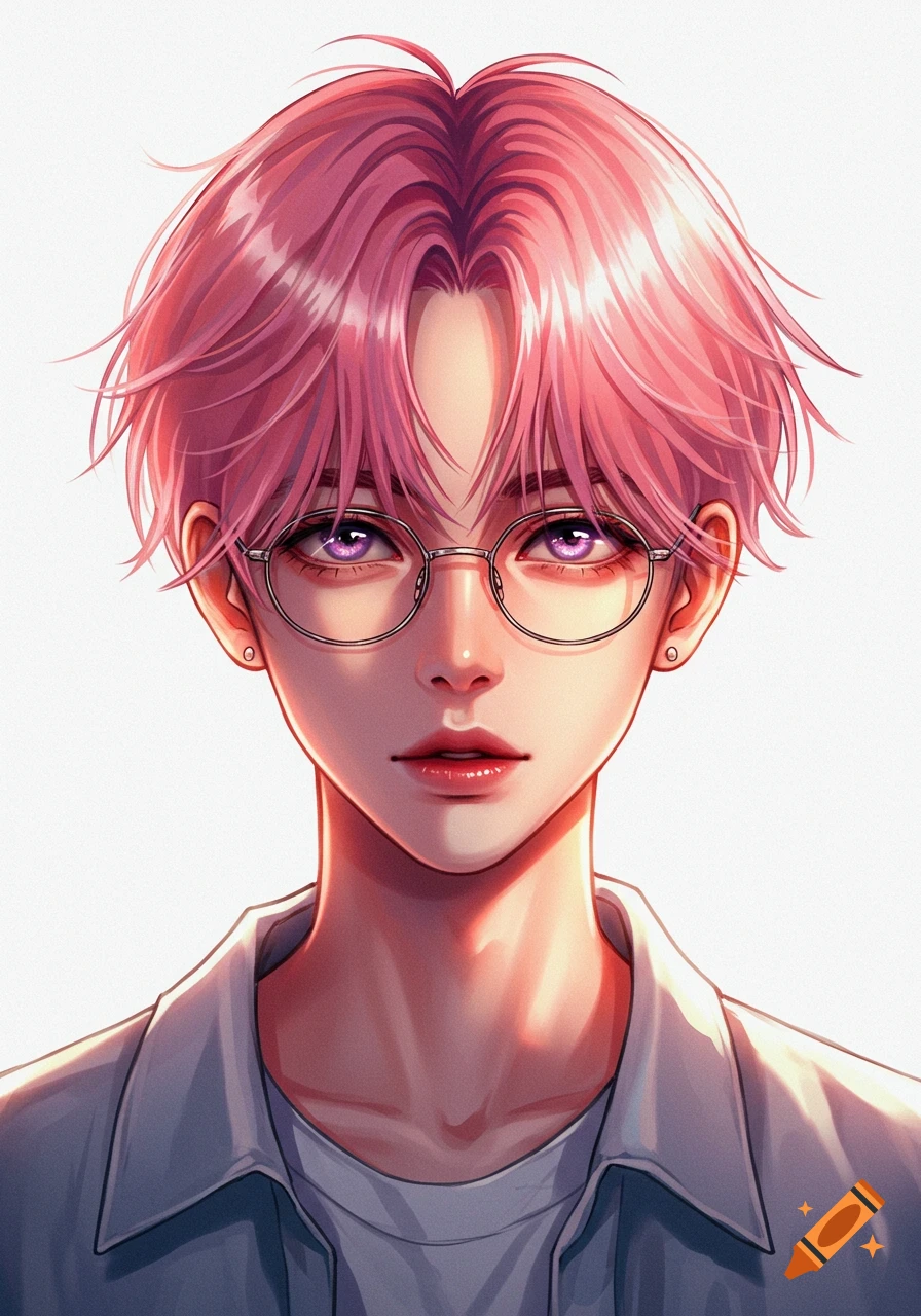Bust-up anime portrait of a pink-haired person with glasses and purple eyes on a white background.