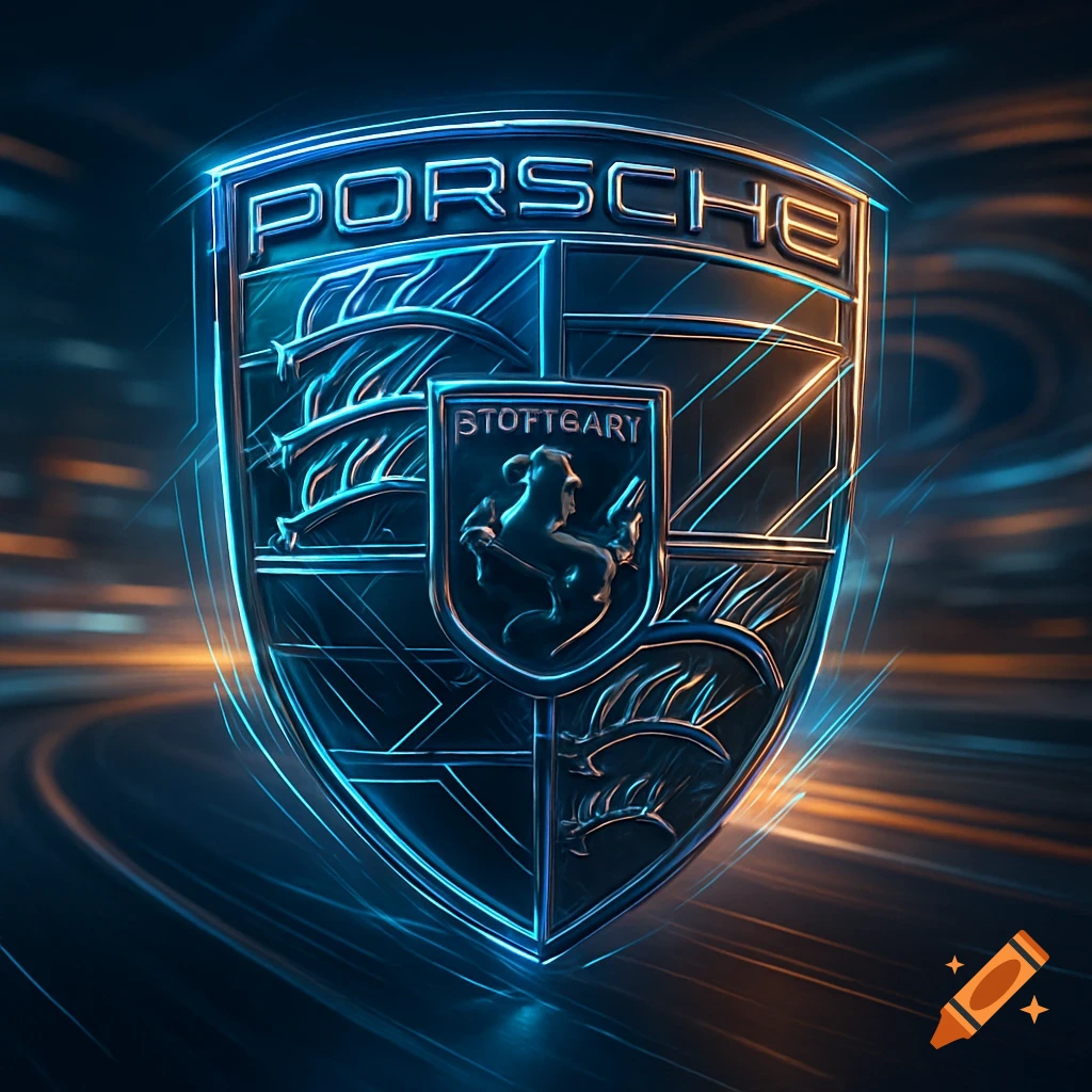 Stylized Porsche logo with neon blue and orange outlines on a dark, futuristic background.
