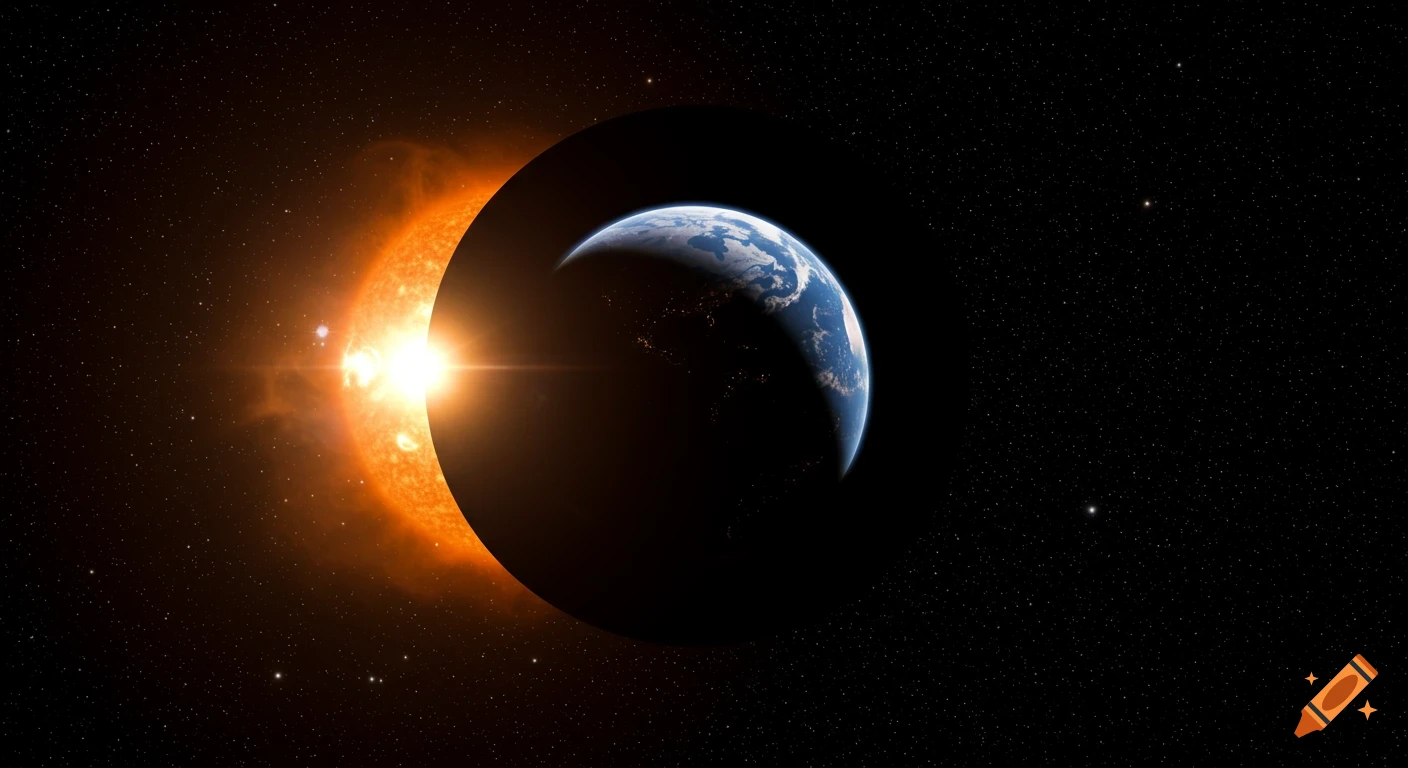 Earth partially eclipsing the Sun in space, with stars visible against the dark background.