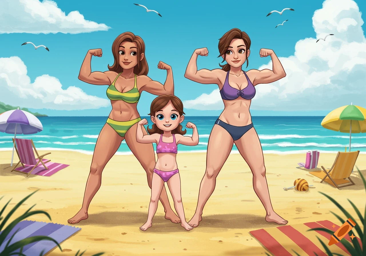 A cartoon of two muscular women and a small child in swimsuits flexing their biceps on a sunny beach, with beach chairs and umbrellas.