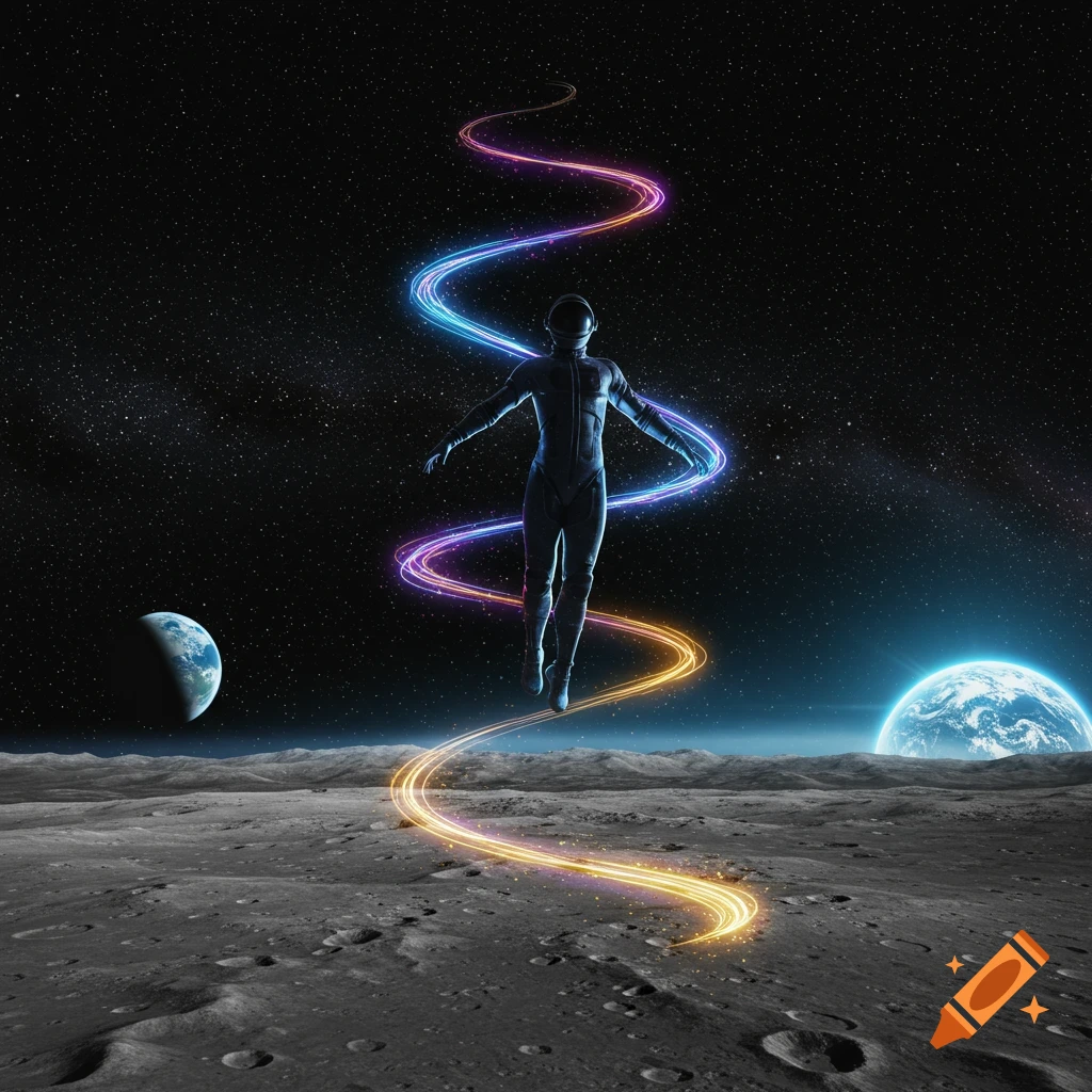 Photorealistic astronaut in a spacesuit floats above the moon, leaving colorful glowing trails. Earth and a distant planet visible in the starry sky.