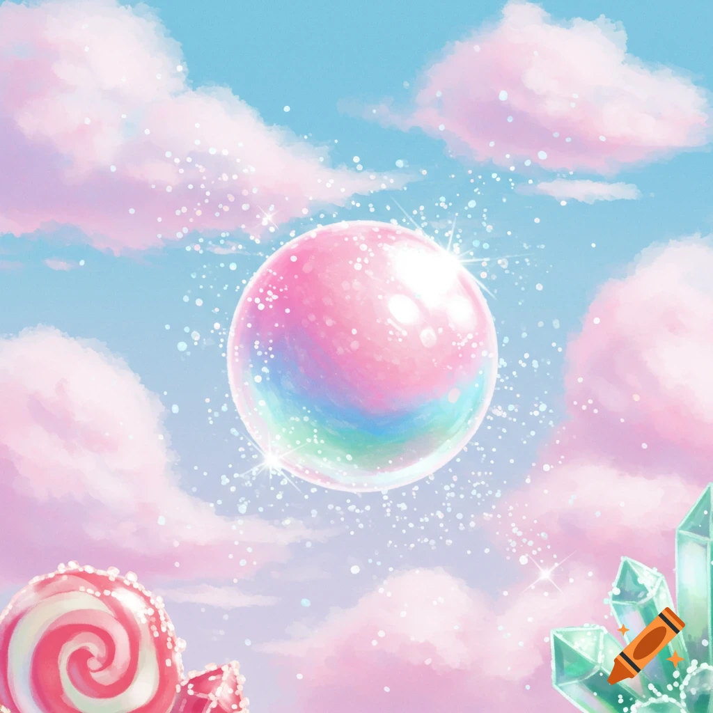 A large pink iridescent bubble floats among fluffy pink clouds, with a lollipop and green crystals below, in a whimsical pastel illustration.