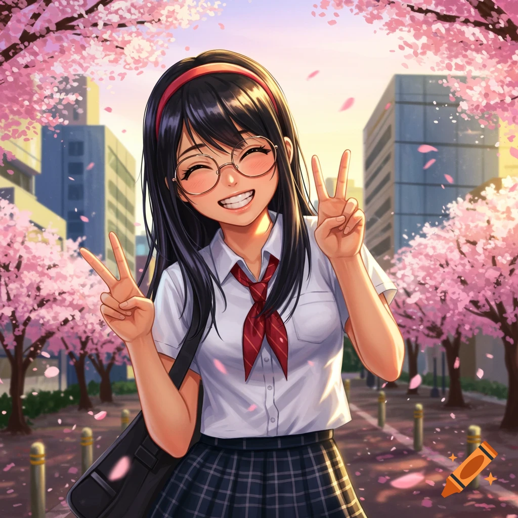 Smiling anime schoolgirl with glasses makes peace signs under pink cherry blossom trees in a city street.