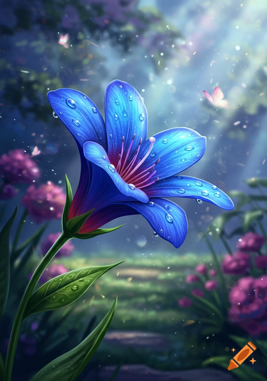 A vibrant blue fantasy flower covered in water droplets, with pink stamens, in a luminous enchanted garden with blurred foliage and a butterfly.
