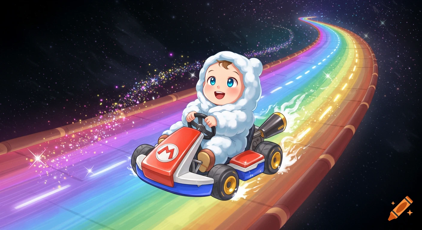 A cartoon baby in a white fluffy suit drives a Mario Kart on a rainbow road through space.