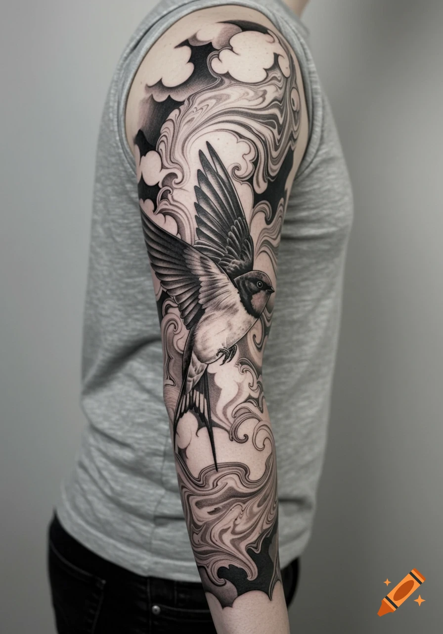 Black and white sleeve tattoo on an arm, featuring a detailed swallow bird flying amidst swirling suminagashi patterns and stylized clouds.