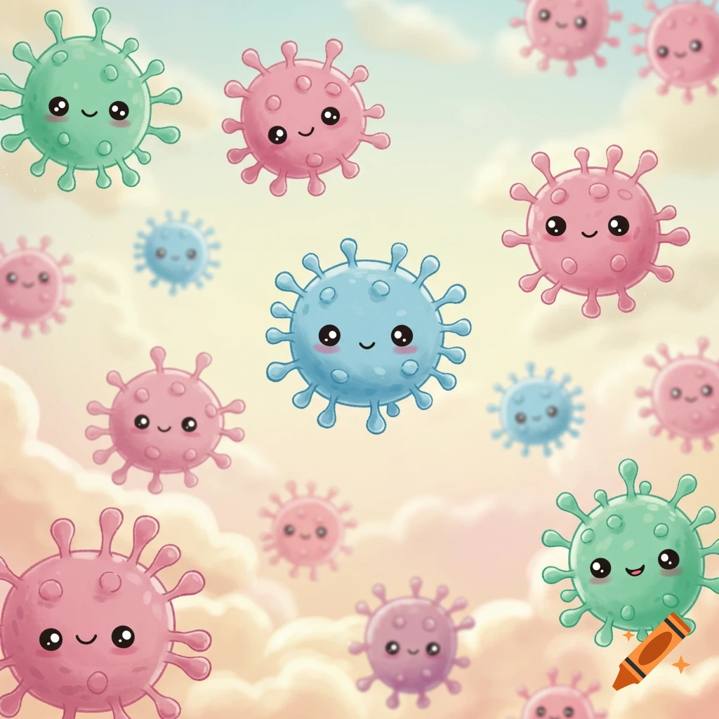 Cute cartoon pink, blue, and green viruses with smiling faces float against a soft, cloudy background.
