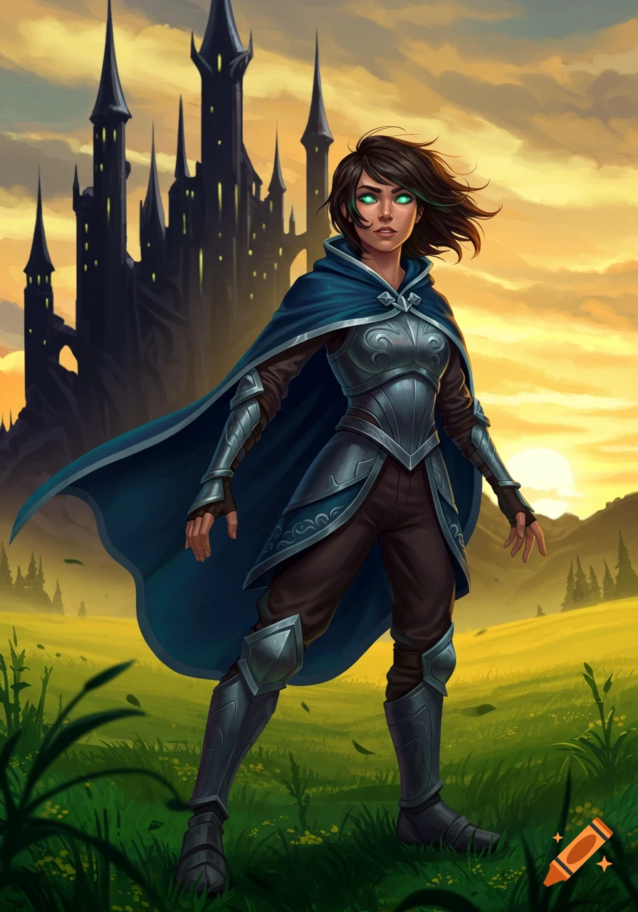 A tomboy fantasy woman in blue and silver armor stands in a golden field before a dark castle at sunrise.