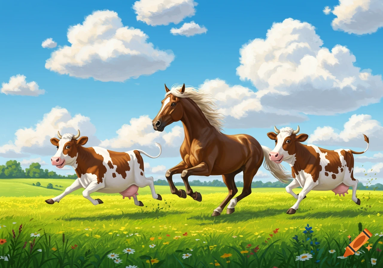 Cartoon illustration of a horse and two cows running through a sunny green field with wildflowers.