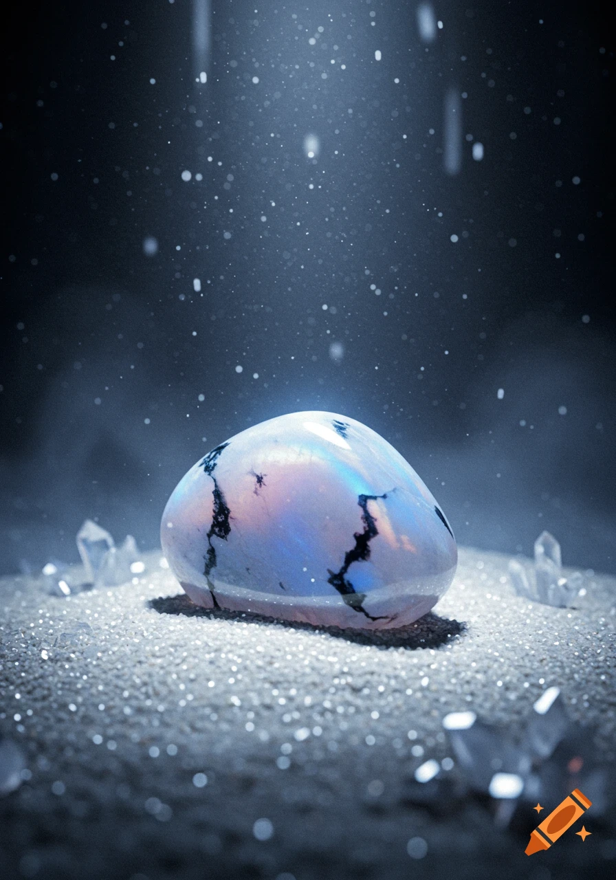 A glowing, iridescent moonstone sits on sparkling sand with small crystals, under falling light particles against a dark background.
