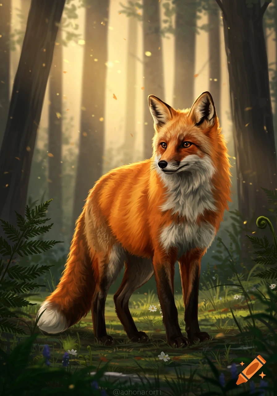 A vibrant red fox stands alert in a sunlit forest, surrounded by green ferns and dappled light.