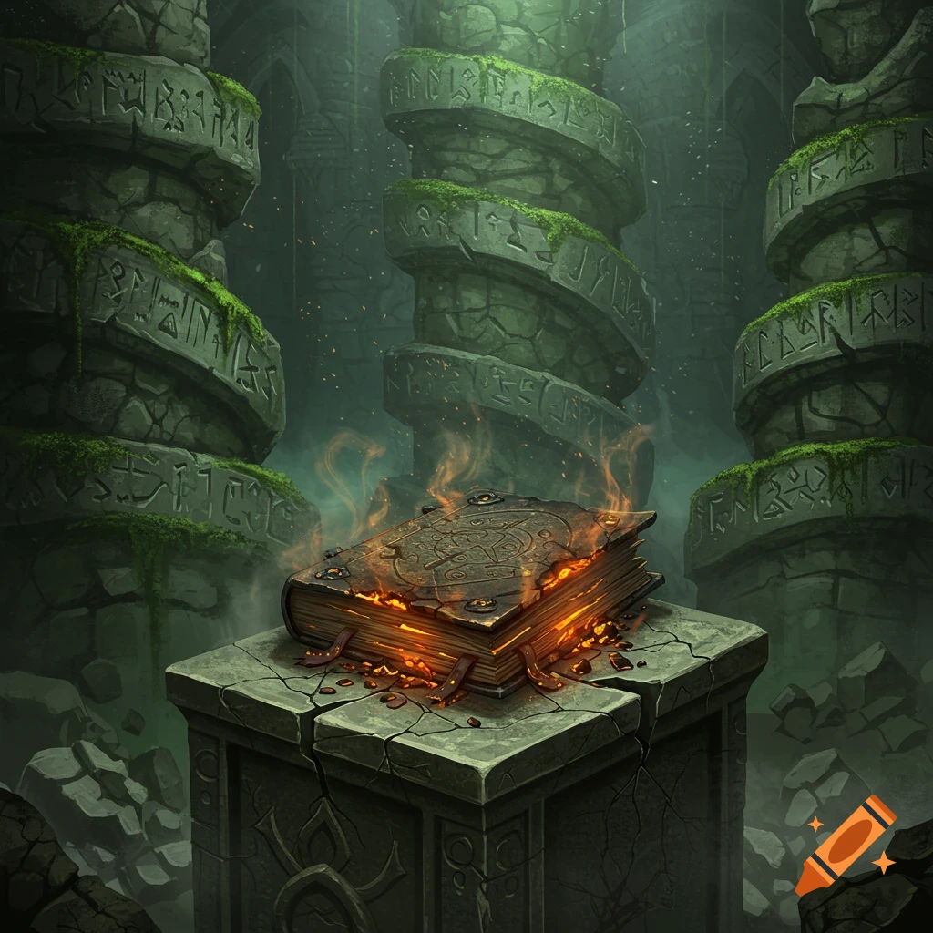 An ancient, burnt, glowing magical tome sits on a crumbling stone pedestal in a mossy, runic labyrinth.
