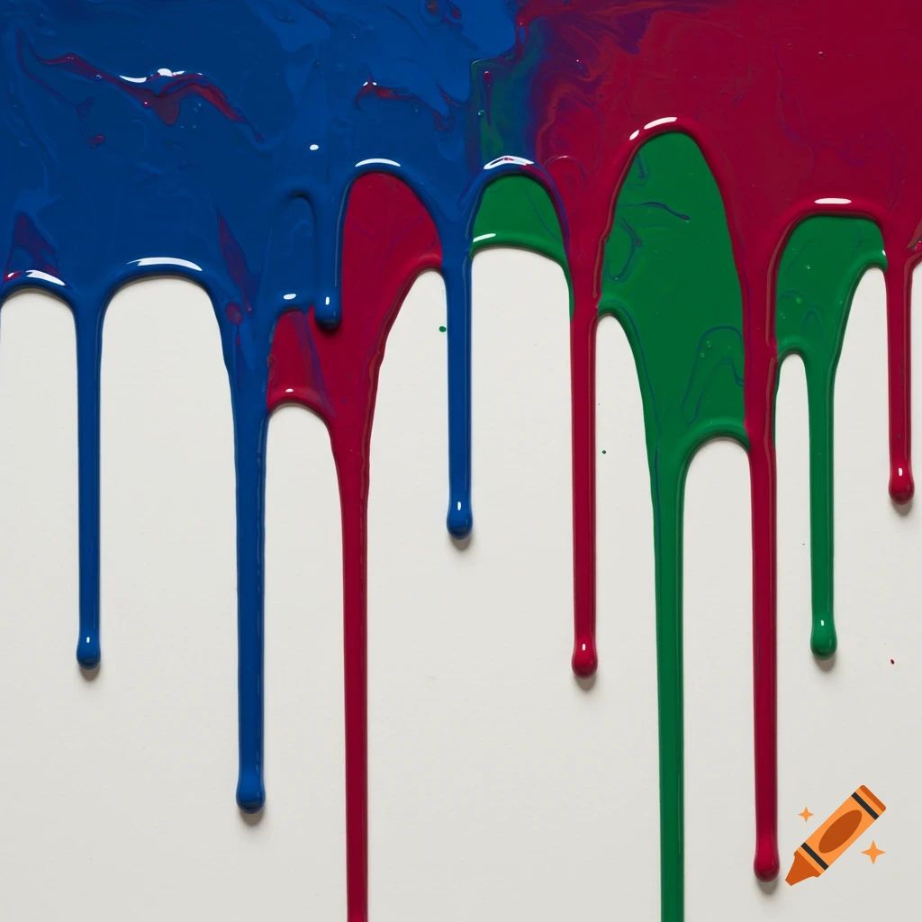 Blue, red, and green paint drips down a white canvas.