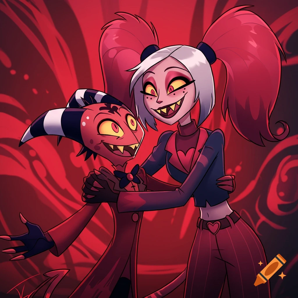 Blitzo and Velvette from Helluva Boss and Hazbin Hotel embracing, cartoon style, against a red background.