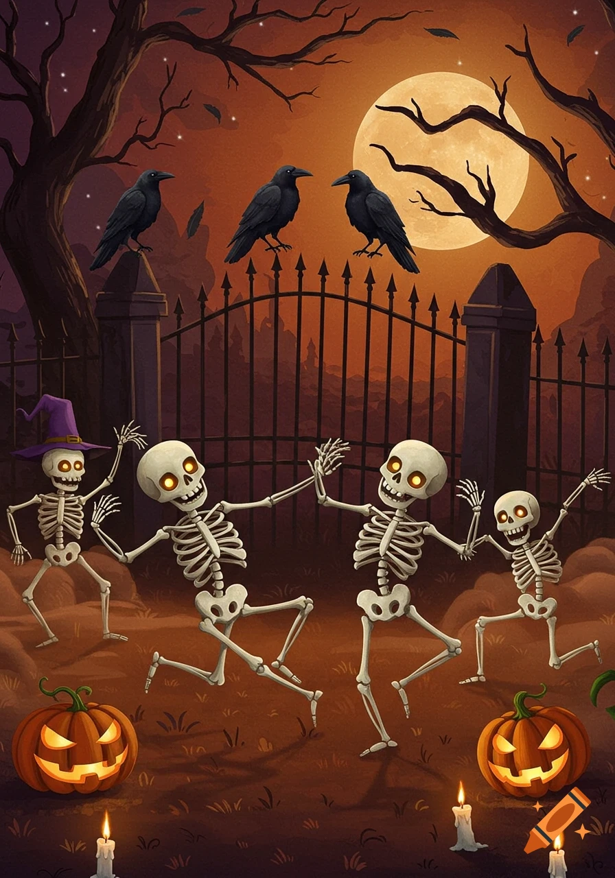 Four cheerful skeletons dancing with pumpkins and candles in a spooky graveyard under a full moon and watchful crows, illustration.