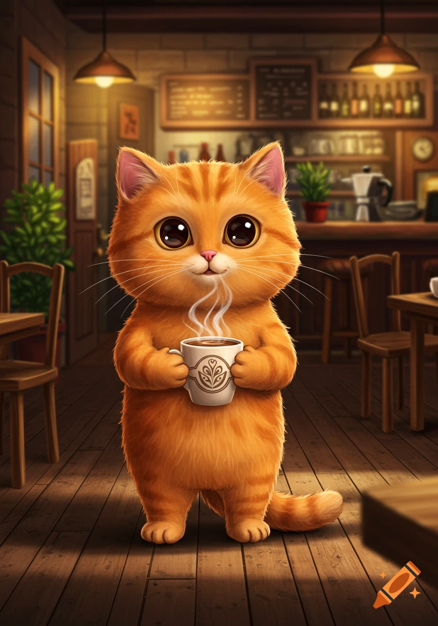 A cute orange tabby cat stands upright, holding a steaming coffee cup in a cozy, whimsical cafe digital illustration.