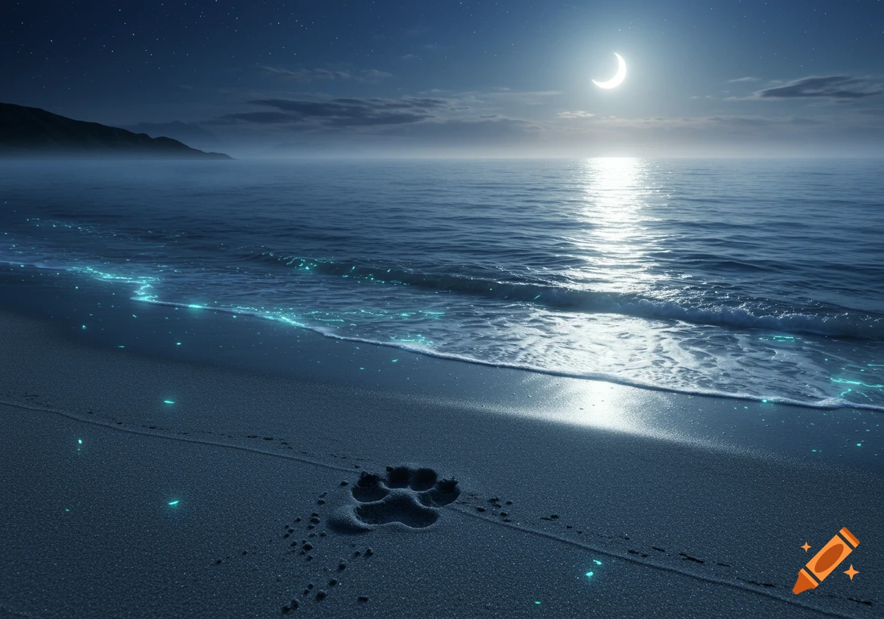 A large paw print in the sand on a moonlit beach with glowing blue waves under a starry night sky.
