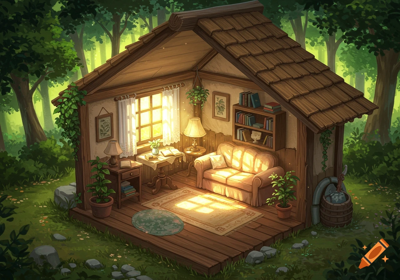A cozy, sunlit cabin interior in a forest, with a sofa, bookshelf, plants, and a small table. Illustration style.