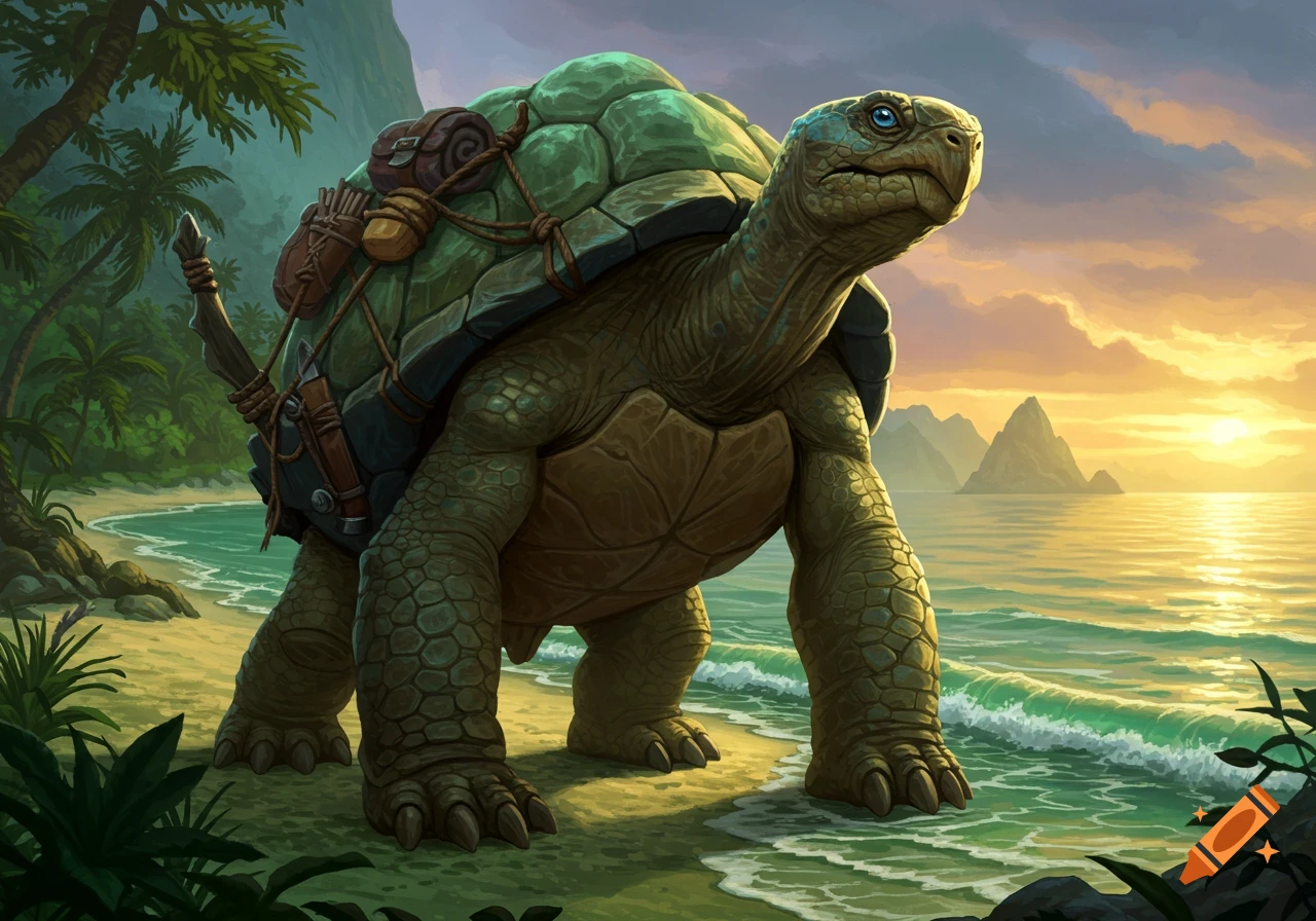 A large bipedal Tortle with a backpack and bow stands on a tropical beach with palm trees at sunset, digital fantasy art.