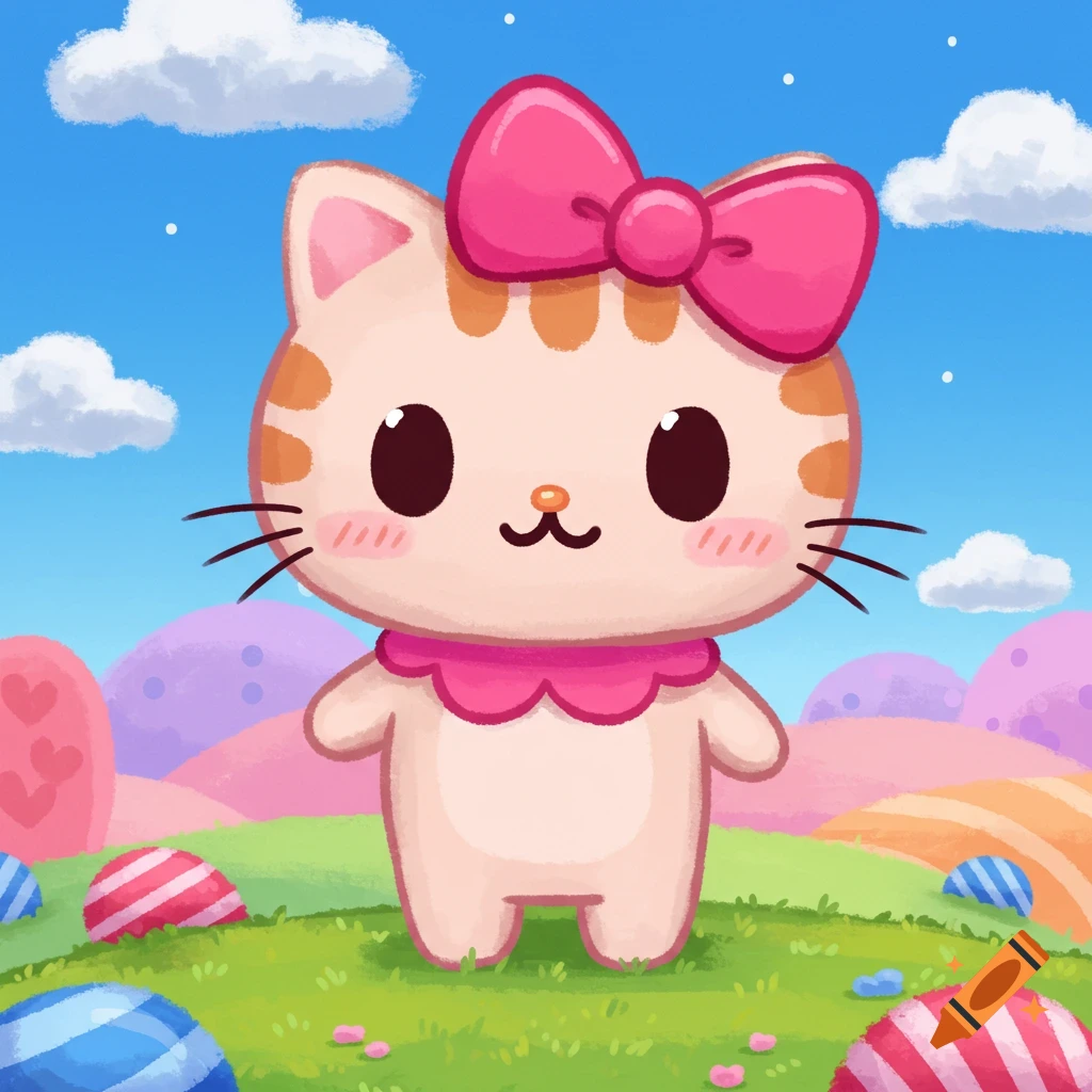 A cute cartoon cat with orange stripes and a pink bow on its head stands in a whimsical, colorful landscape under a blue sky.