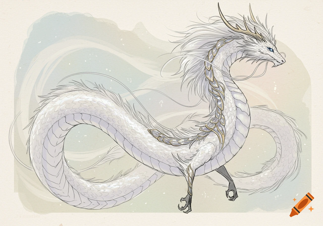 Ornate white dragon with gold accents and blue eyes in a flowing, sketch-like fantasy art style.