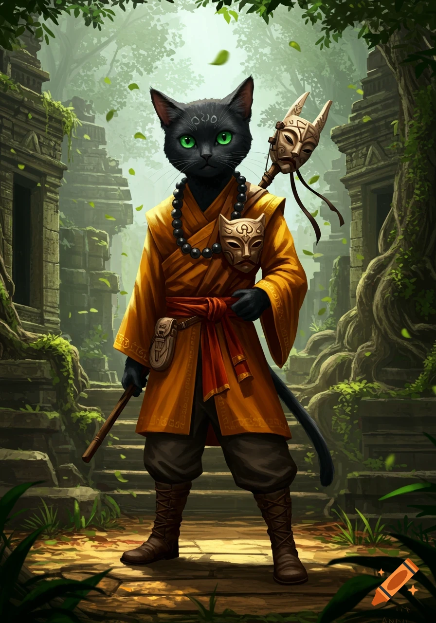 A black humanoid cat monk with bright green eyes stands in overgrown jungle ruins, wearing an orange robe and carrying a staff and masks.