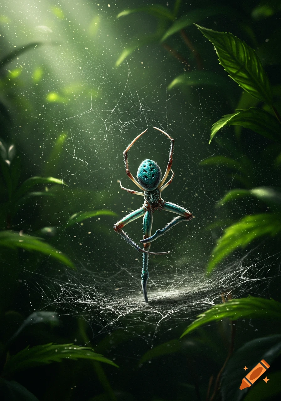 A colorful teal and brown spider in a ballet pose on a web in a lush green jungle, with dappled sunlight.