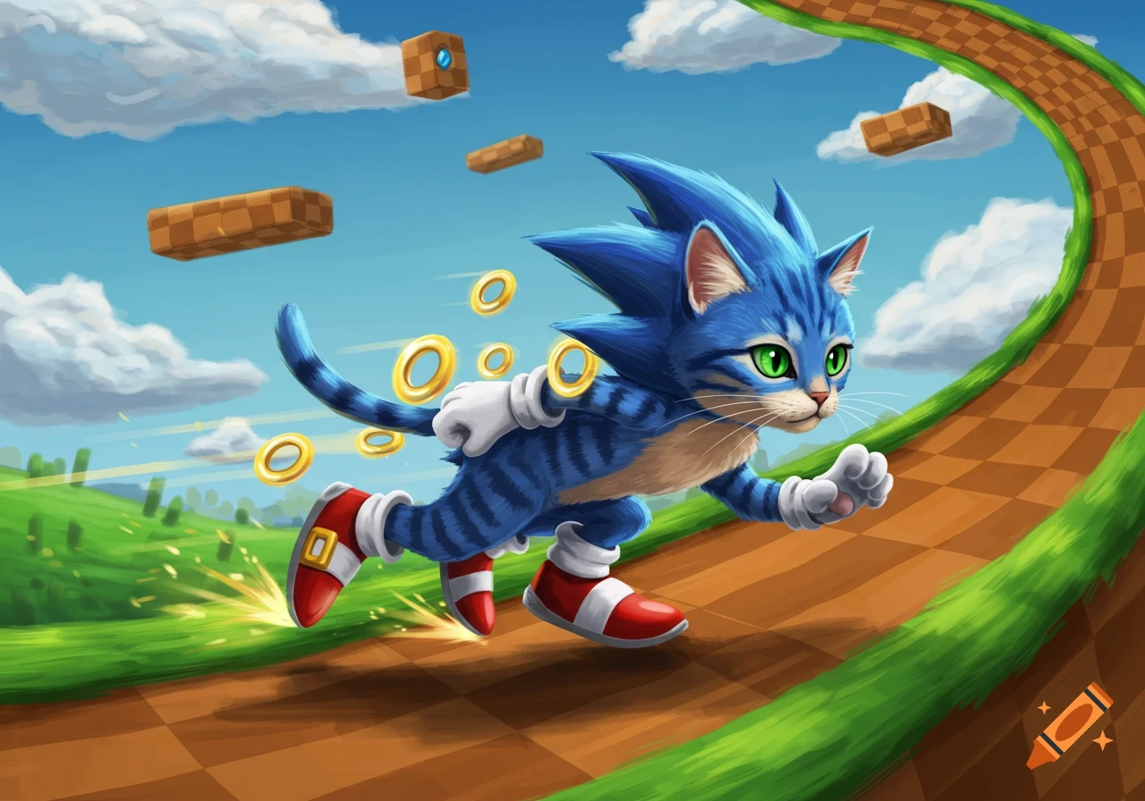 A blue tabby cat with Sonic's quills, white gloves, and red shoes runs on a checkered path, surrounded by golden rings.