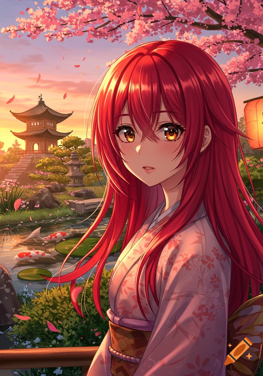 Anime girl with red hair and hazel eyes in a kimono, standing in a Japanese garden with cherry blossoms, a temple, and a koi pond at sunset.