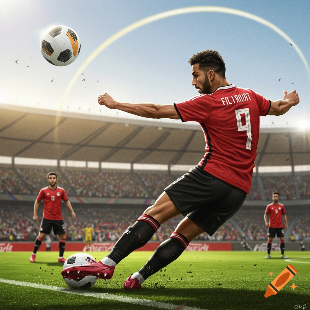 A male soccer player in a red jersey with number 9 kicks a ball with his back to the camera in a sunny stadium filled with spectators.