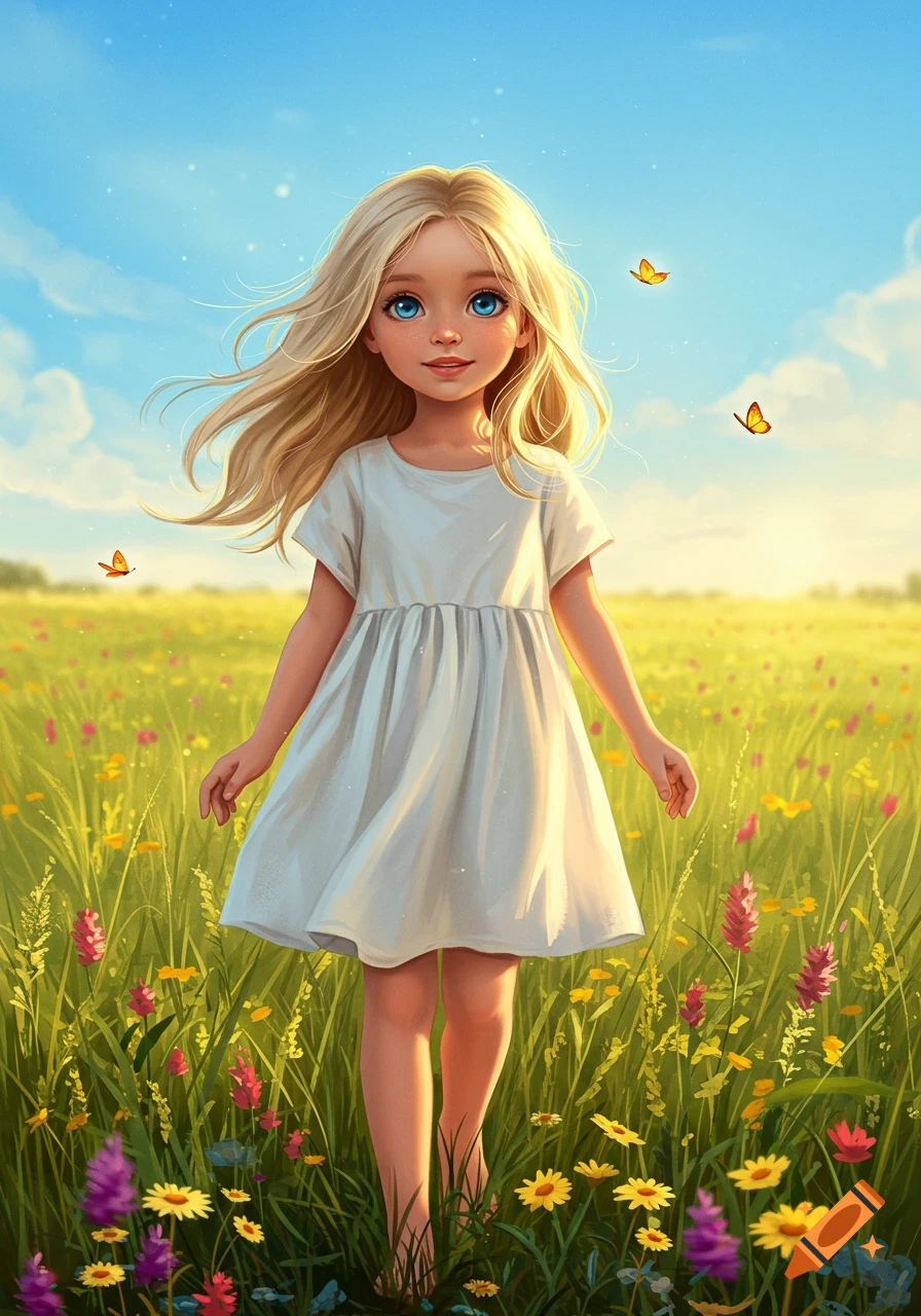 A cheerful young girl with long blonde hair and blue eyes stands barefoot in a vibrant, sunlit field of wildflowers with butterflies.