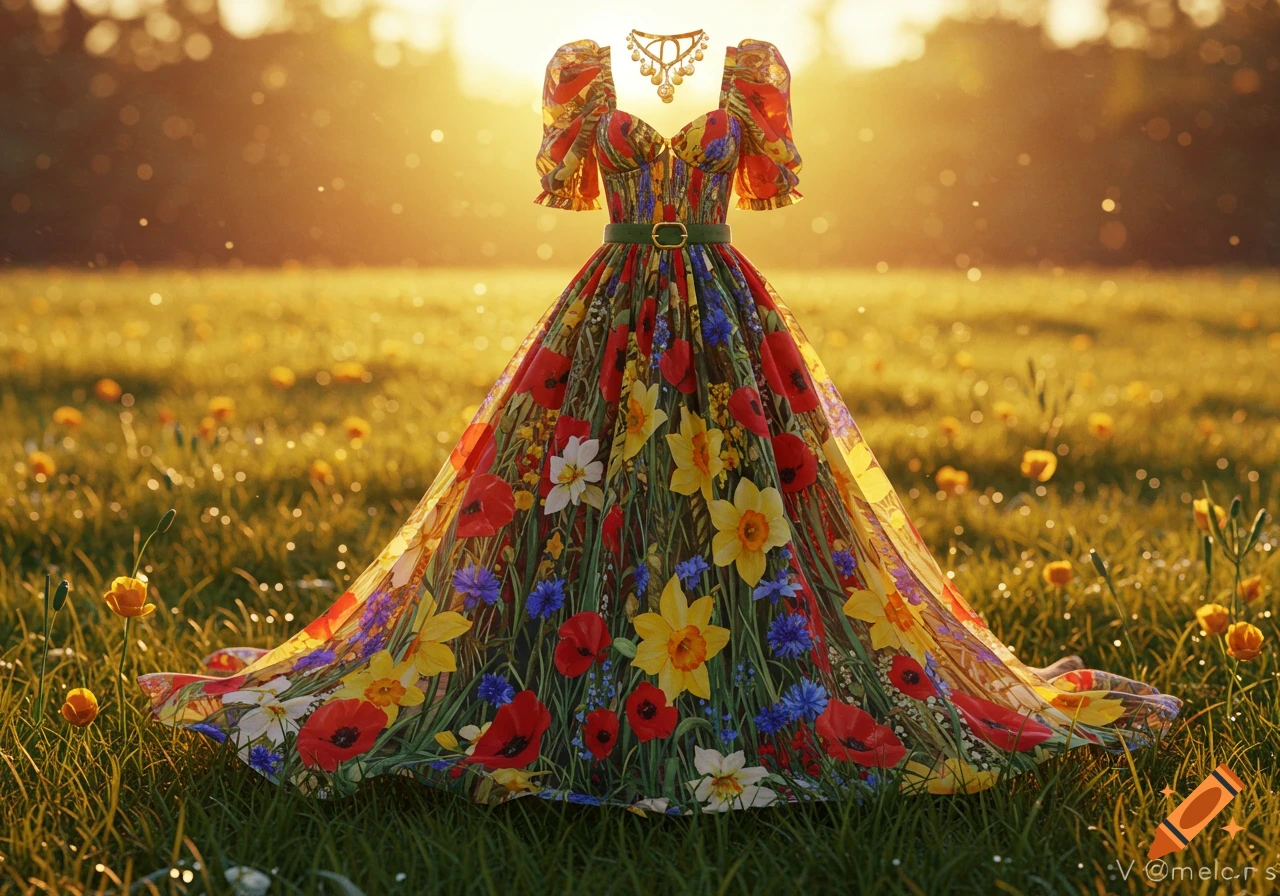 A vibrant, floral-patterned dress with a green belt and gold necklace, standing in a sun-drenched field of wildflowers at golden hour.