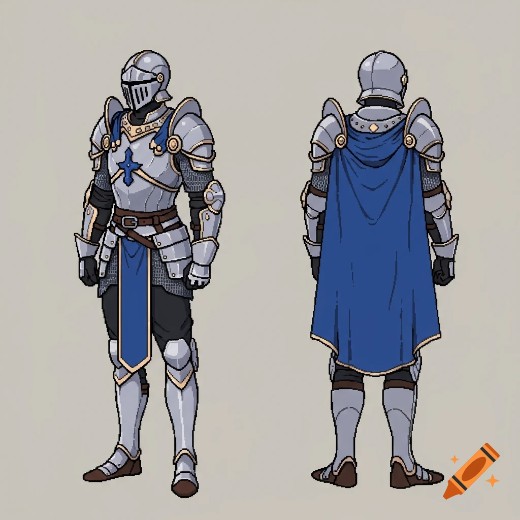 A pixel art sprite sheet showing a knight in full silver and gold armor with a blue tunic and cape, from front and back views.