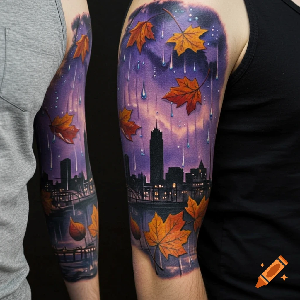 A colorful sleeve tattoo featuring a purple sky with rain and autumn leaves falling over a dark cityscape at night.