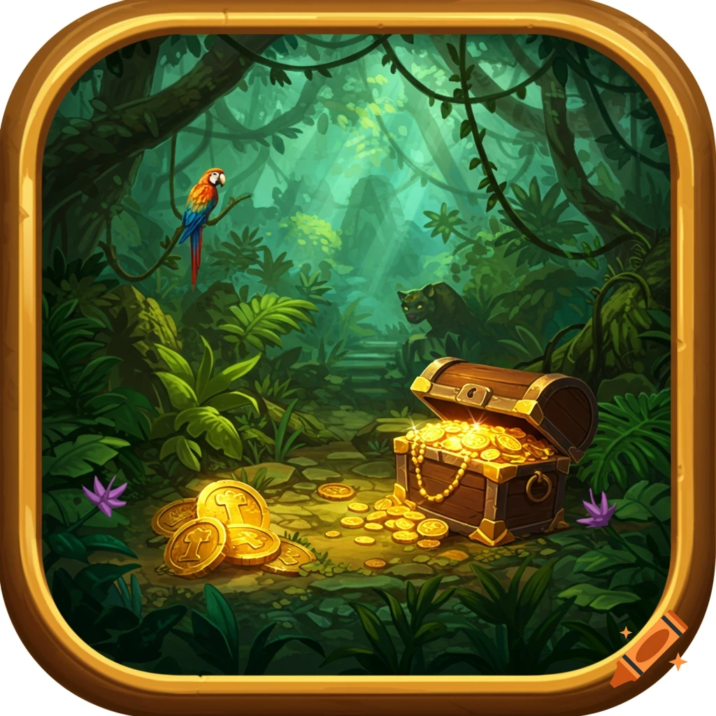 A vibrant jungle scene in a game icon style, featuring an open treasure chest spilling gold coins, a parrot, and a panther.