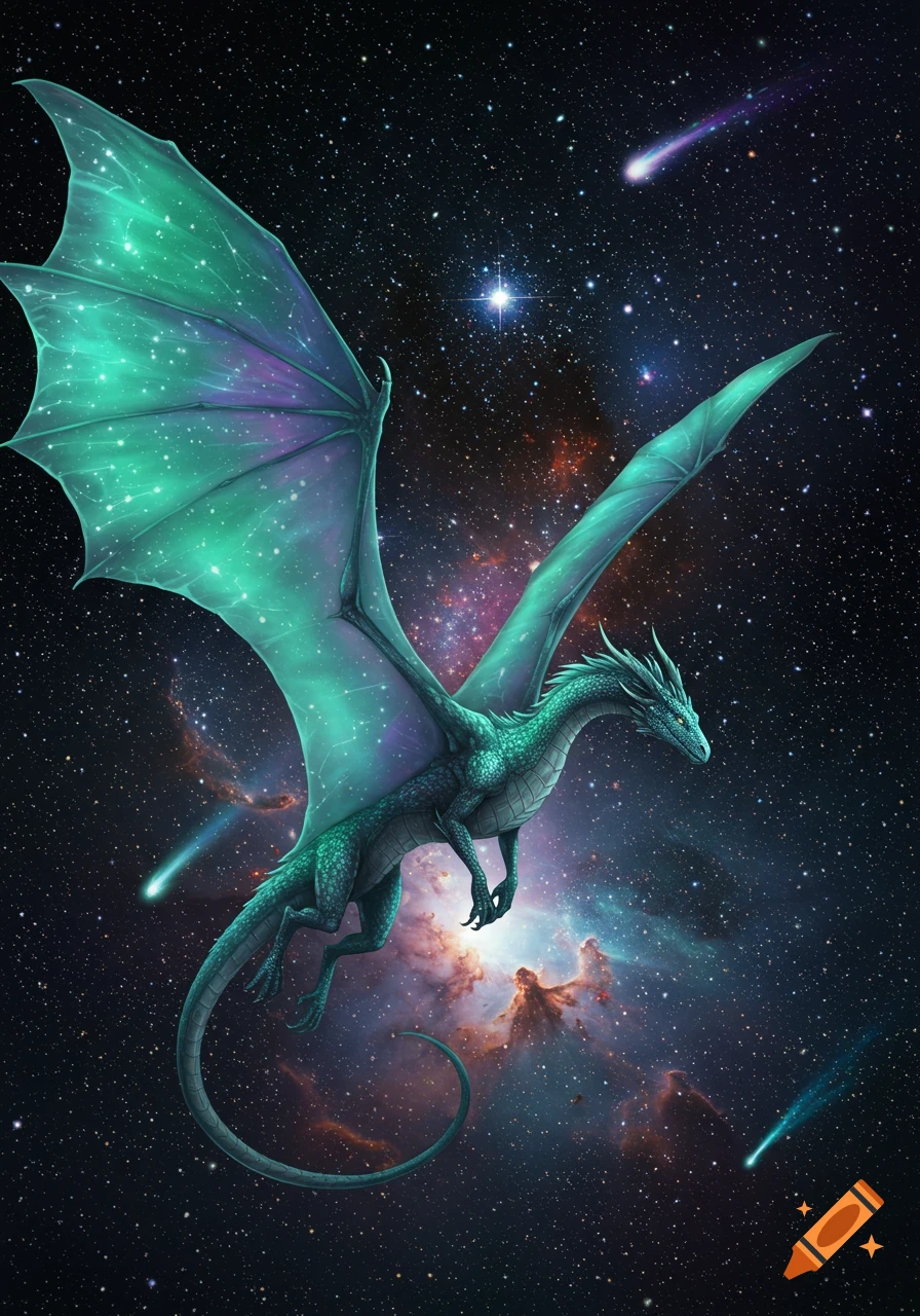 A majestic teal-green dragon with large, star-speckled wings flies through a dark cosmic sky with nebulae and shooting stars.