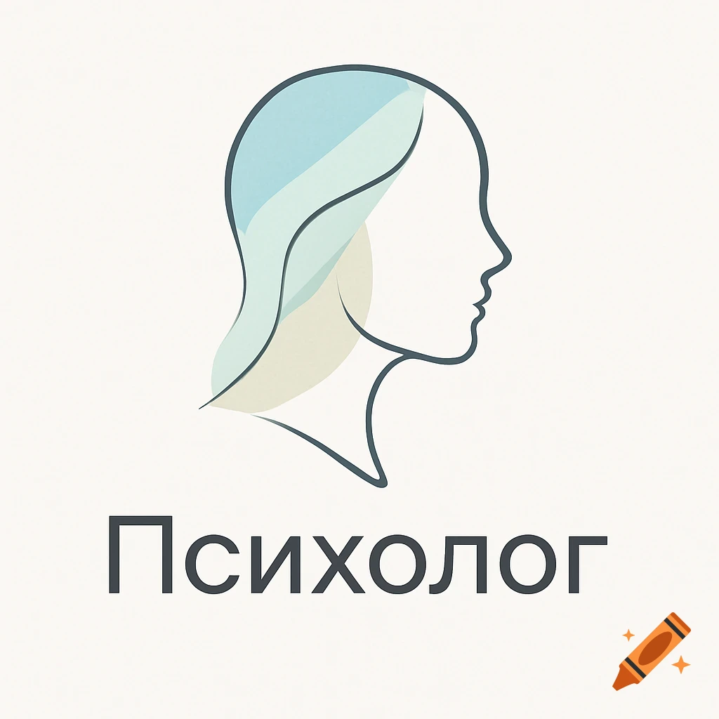 Minimalist logo for a psychologist featuring an abstract human head outline with soft lines, pastel blue and beige, with 'Психолог' text below.