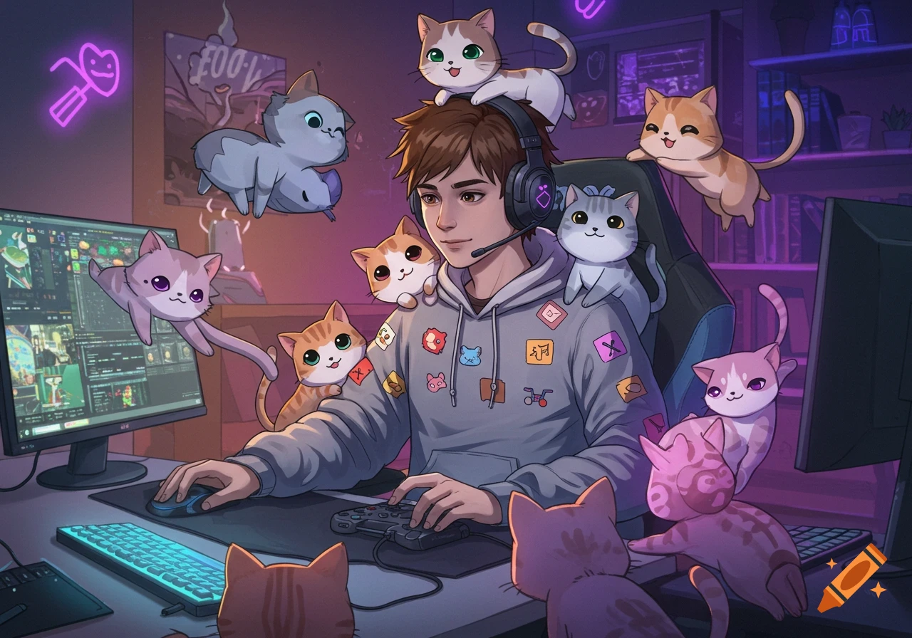 An anime-style male gamer with headphones sits at his computer surrounded by numerous cute cats.