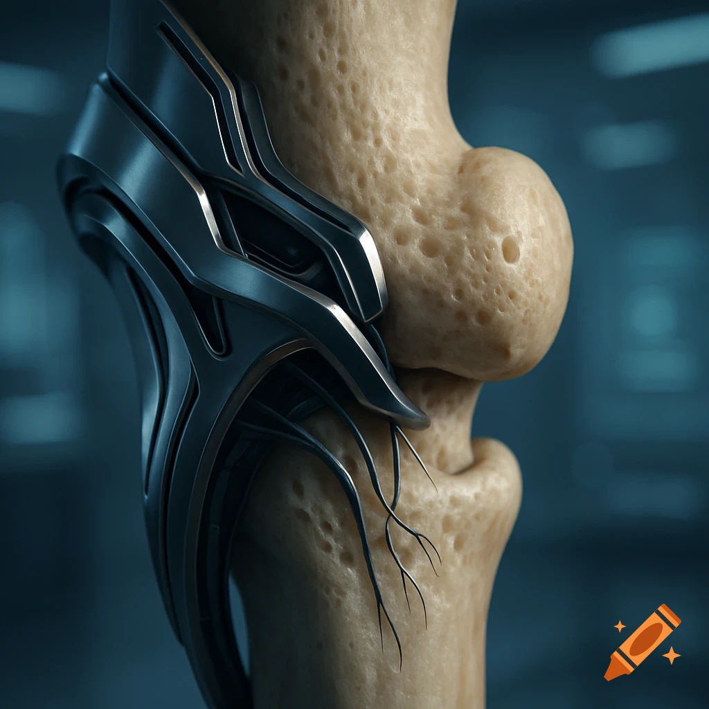 A detailed, photorealistic close-up of an intricate metallic implant gripping a human bone.