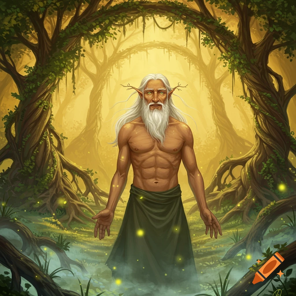 Illustration of an old, muscular elf-like man with white hair and beard standing in a glowing golden fantasy forest.