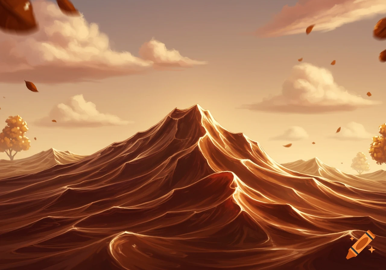 A fantasy landscape featuring large, brown chocolate-like mountains under a warm, cloudy sky with autumn leaves falling.