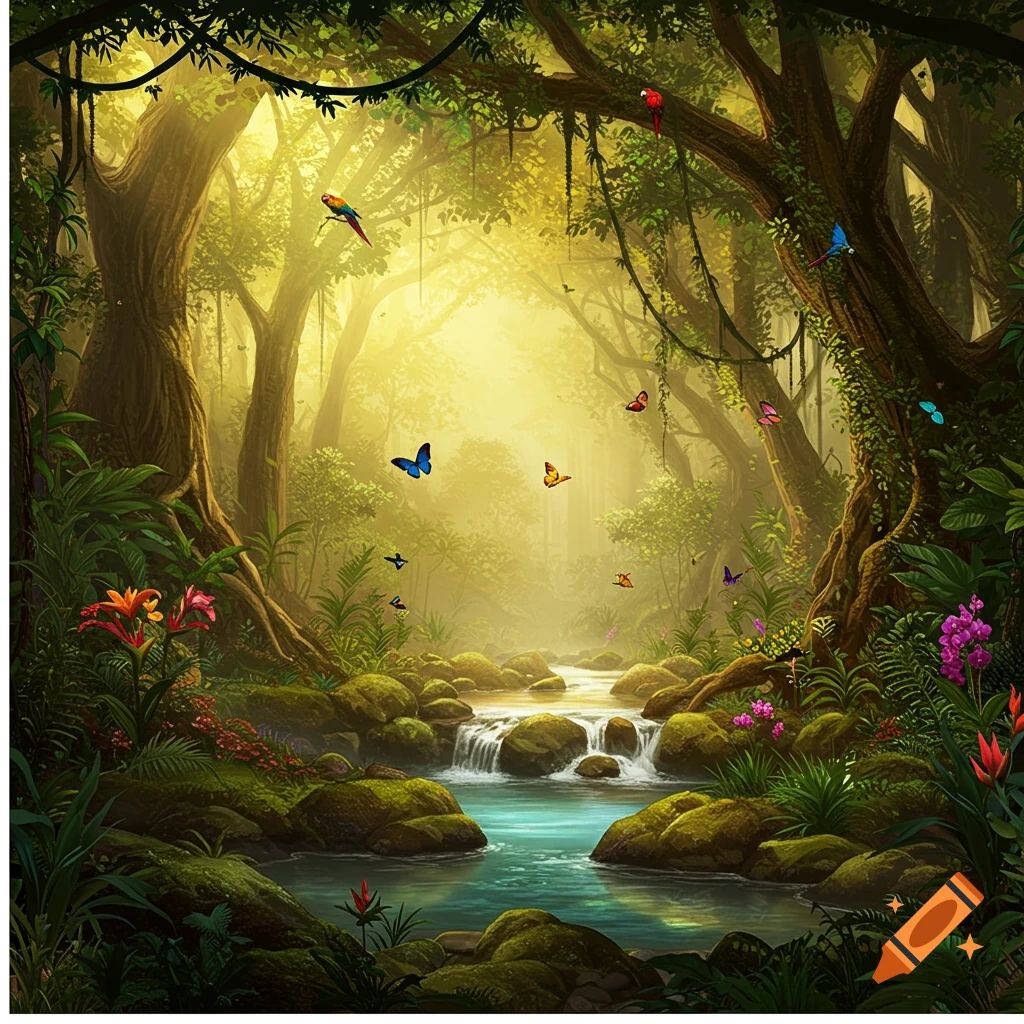 A vibrant, sunlit tropical jungle scene with a waterfall flowing into a river, lush foliage, colorful birds, and butterflies.