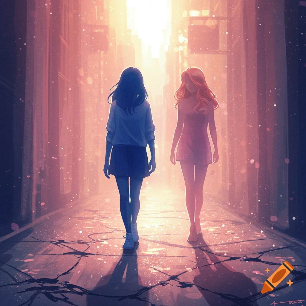 Two stylized women with long hair walk away from the viewer down an ethereal, glowing urban path with cracked ground. Art style.