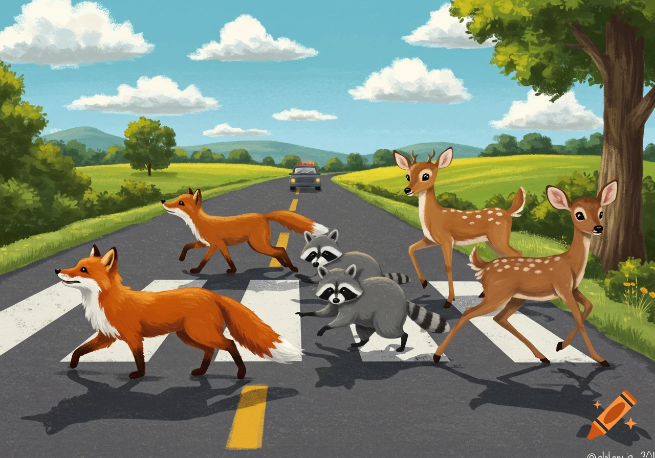 Cartoon illustration of foxes, raccoons, and deer crossing a rural road on a crosswalk with a car in the distance under a blue sky.