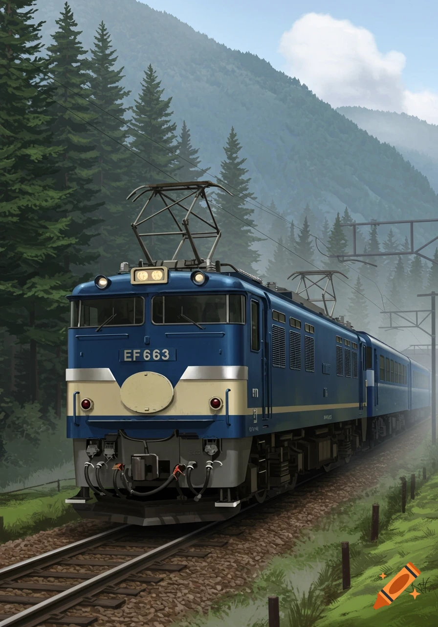 A blue electric train with EF663 on its front travels through a lush mountain forest on a sunny day, in an illustrative style.