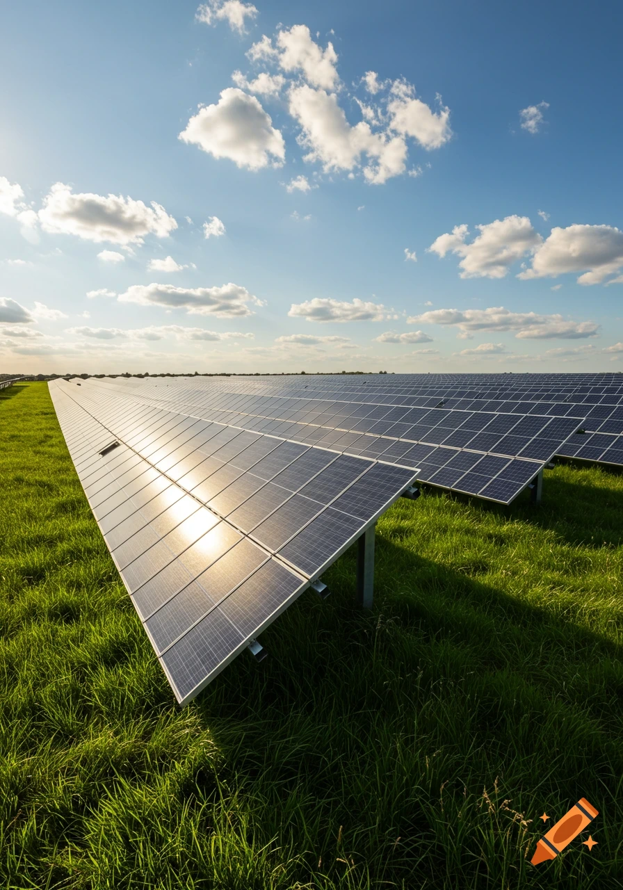 A vast field of solar panels under a clear blue sky with white clouds, bathed in sunlight.